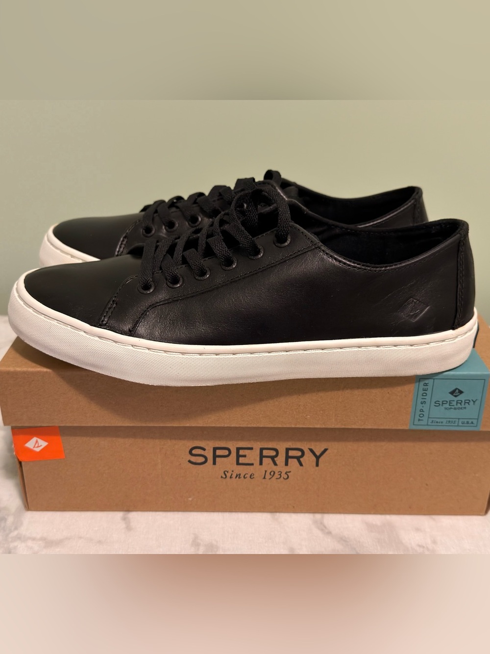 Sperry Men's Black Leather Sneakers with White Sole
